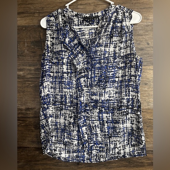 ANTONIO MELANI 100% Silk Abstract Blue White and Black Blouse Tank - Picture 1 of 10